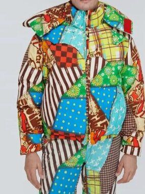 ERL Men's Cowboy Snowboard Patchwork Hooded Down Jacket Size XL